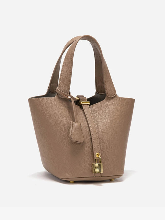 | Textured Leather Bucket Bag with Gold Lock