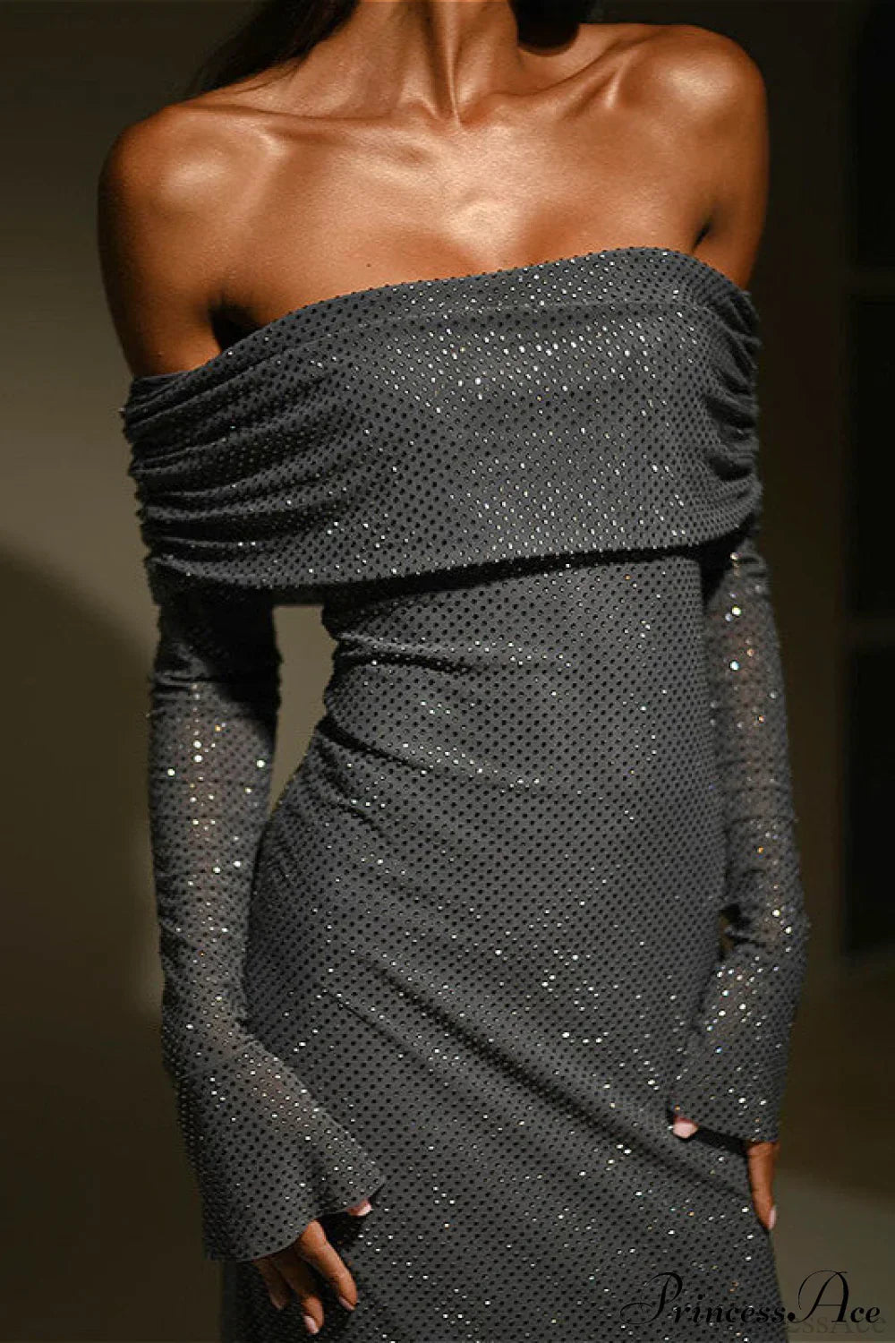Off Neck Sequined Slim Fitted Long Party Dress