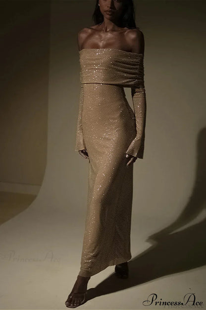 Off Neck Sequined Slim Fitted Long Party Dress