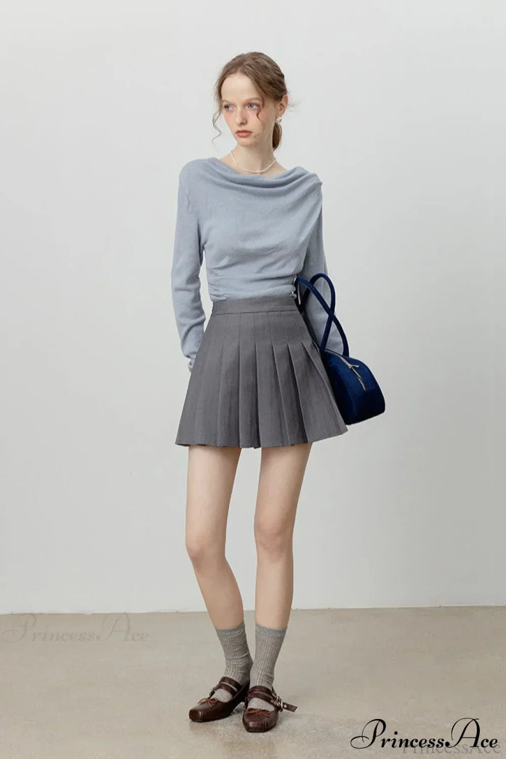 Off-Shoulder Draped Collar Waist-Cinched Knit Top