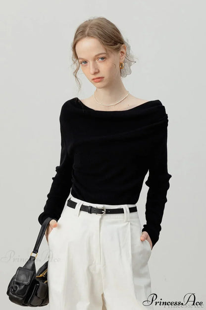 Off-Shoulder Draped Collar Waist-Cinched Knit Top