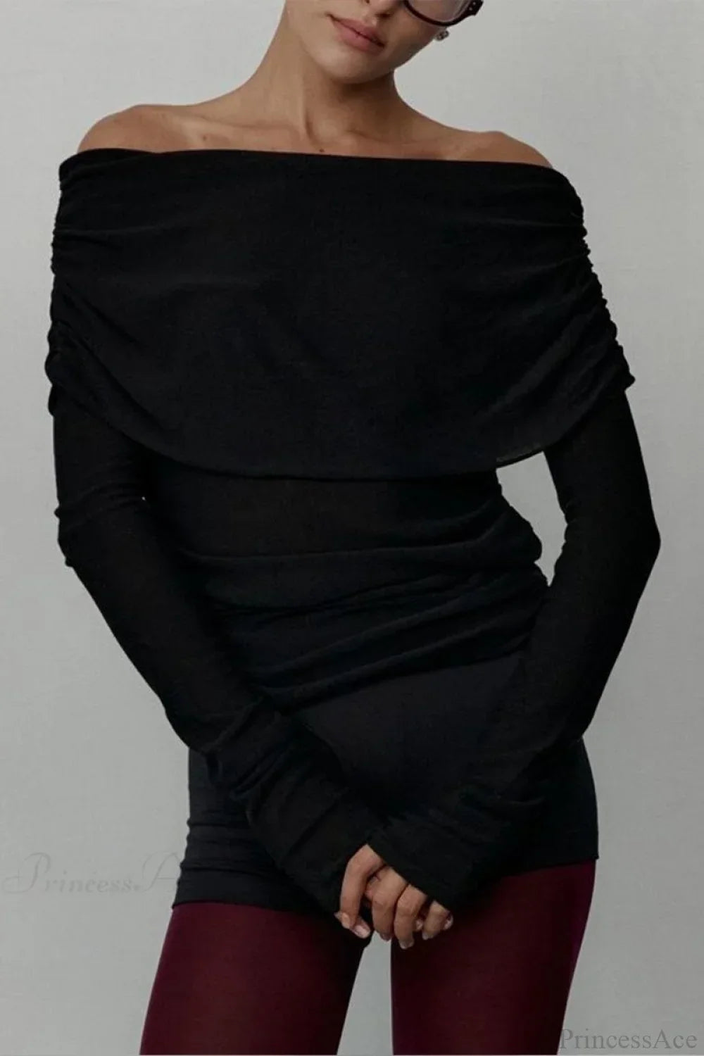 Off-Shoulder Fitted Long-Sleeve Knit Top