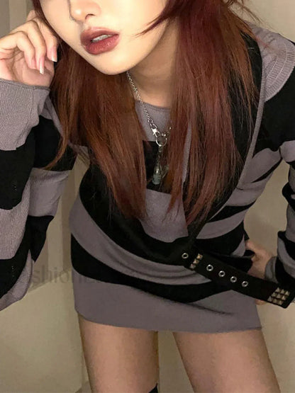 Off Shoulder Long Sleeve Striped Knit Mini Dress