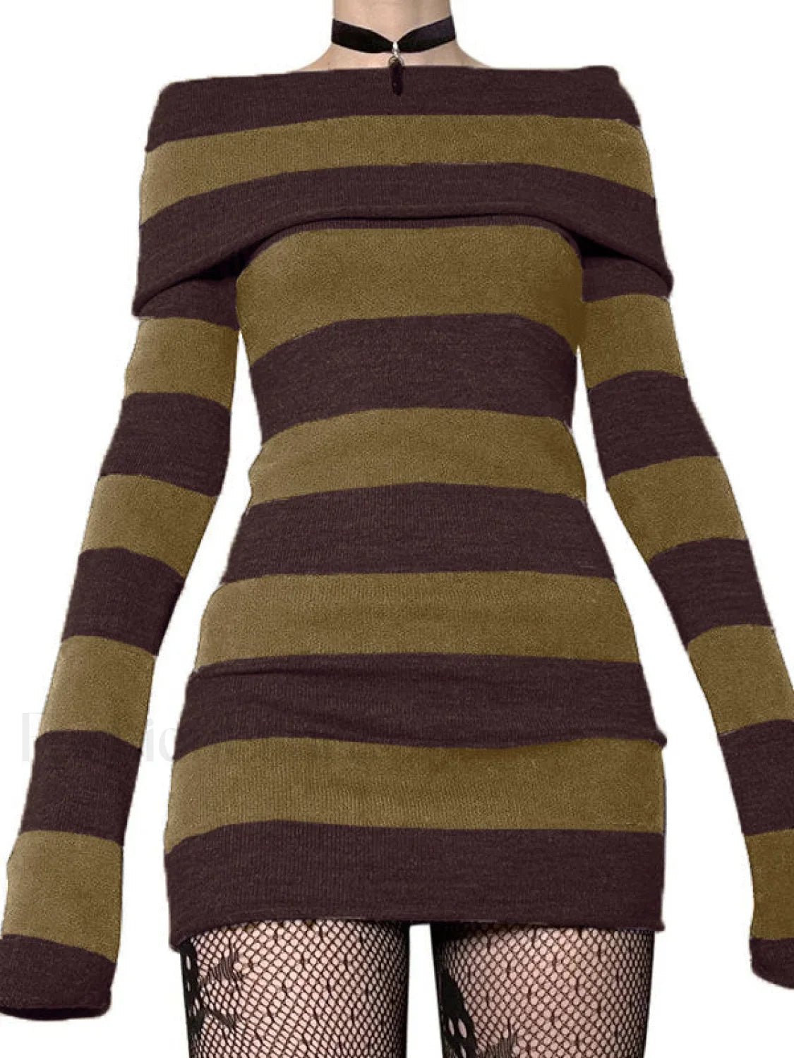 Off Shoulder Long Sleeve Striped Knit Mini Dress
