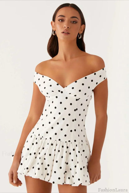 Off-the-Shoulder Polka Dot Ruched Drop Waist Ruffle Peplum Mini Dress