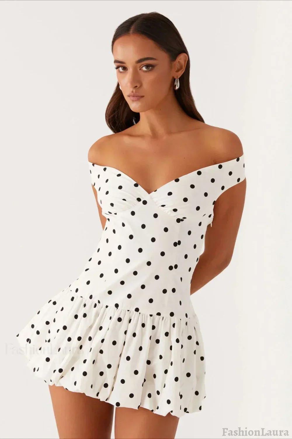 Off-the-Shoulder Polka Dot Ruched Drop Waist Ruffle Peplum Mini Dress