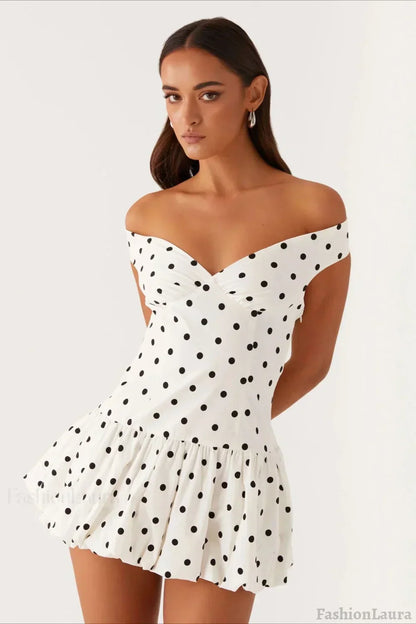 Off-the-Shoulder Polka Dot Ruched Drop Waist Ruffle Peplum Mini Dress