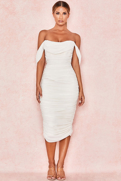 Off-the-Shoulder Ruched Bodycon Midi Dress