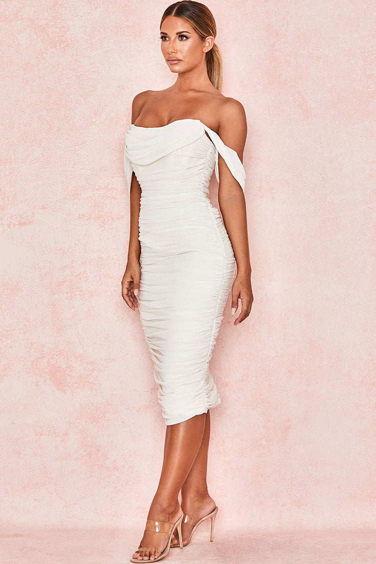Off-the-Shoulder Ruched Bodycon Midi Dress
