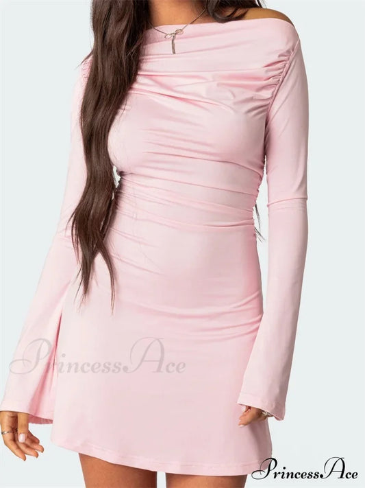 Off Shoulder Ruched Fashion Long Sleeve Irregular Neck Mini Dress