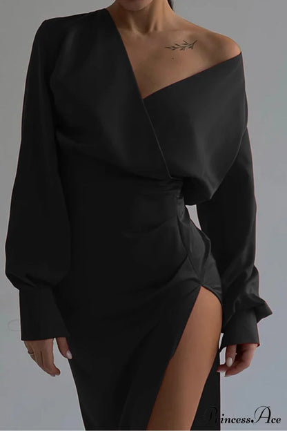 Off Shoulder Satin Dress with Gathered Silt