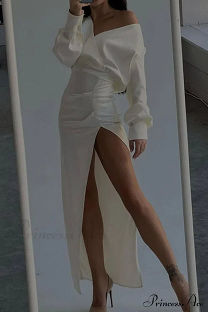 Off Shoulder Satin Dress with Gathered Silt