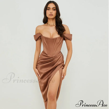 Off Shoulder Split Corset Midi Dress