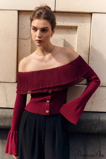 Off-the-Shoulder French Button-Panel Knit Sweater