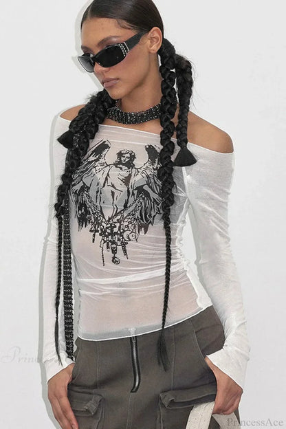 Off-the-shoulder Sheer Mesh Knit Printed Long Sleeve Tee
