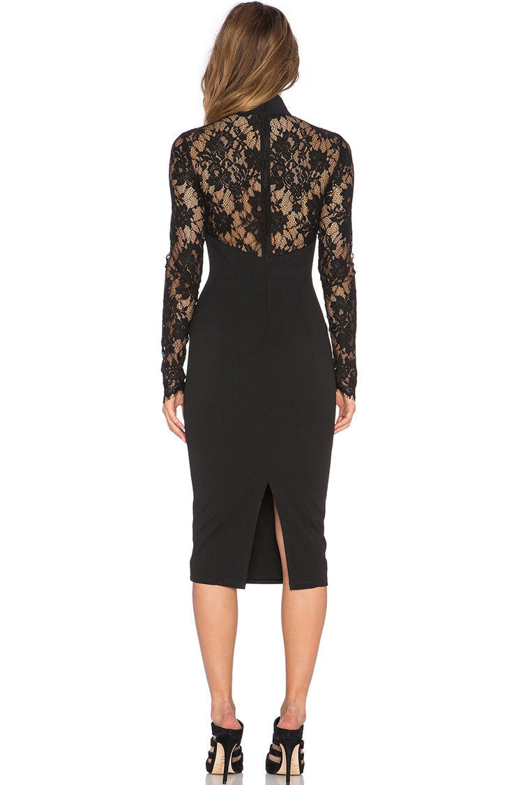 Floral Lace Long Sleeve Mock Neck Sweetheart Cutout Bust Bodycon Midi Dress