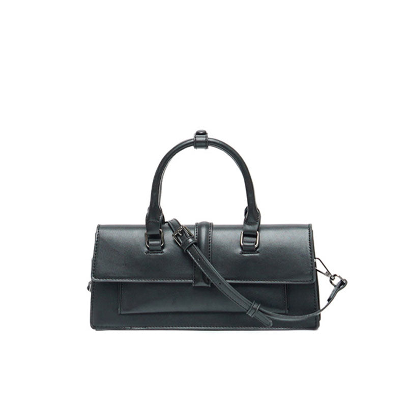 Faux Leather Baguette Bag with Top Handle - Black