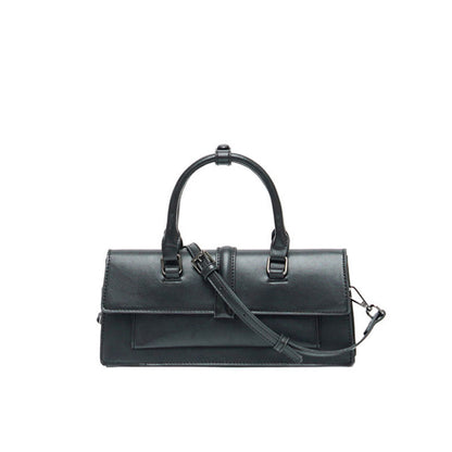 Faux Leather Baguette Bag with Top Handle - Black