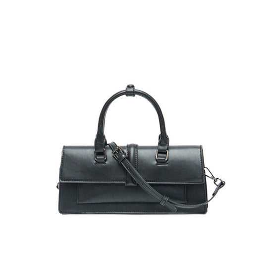 Faux Leather Baguette Bag with Top Handle - Black