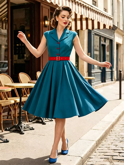 Women's 1950s Vintage Swing Dress Sleeveless Collared A-Line Tea Party Dress