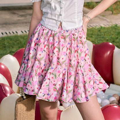 Oil Painting Floral High Waist Skirt