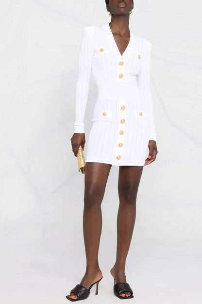 Rib Knit Deep V-Neck Metal Button Patch Pocket Long Sleeve Mini Dress