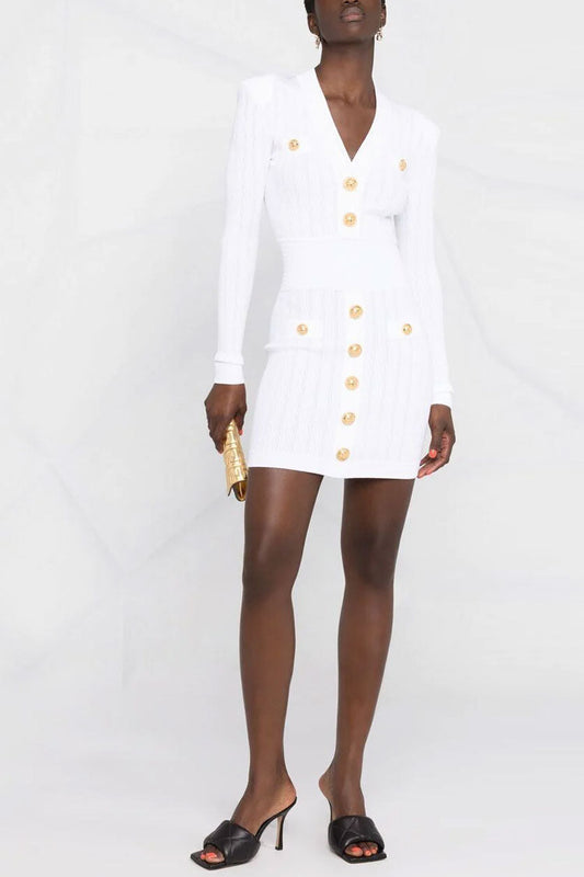 Rib Knit Deep V-Neck Metal Button Patch Pocket Long Sleeve Mini Dress