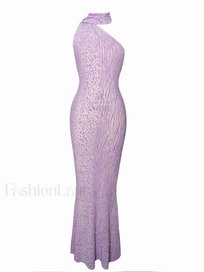 Olena Purple Burnout Velvet Animal Trendy Print Mesh Halter Neck Maxi Dress