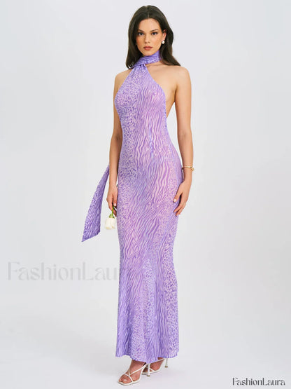 Olena Purple Burnout Velvet Animal Trendy Print Mesh Halter Neck Maxi Dress