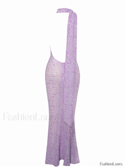 Olena Purple Burnout Velvet Animal Trendy Print Mesh Halter Neck Maxi Dress