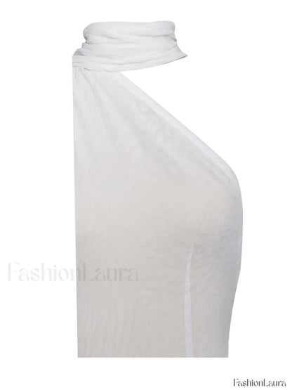 Olena White Burnout Velvet Animal Trendy Print Mesh Halter Neck Maxi Dress