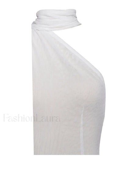 Olena White Burnout Velvet Animal Trendy Print Mesh Halter Neck Maxi Dress