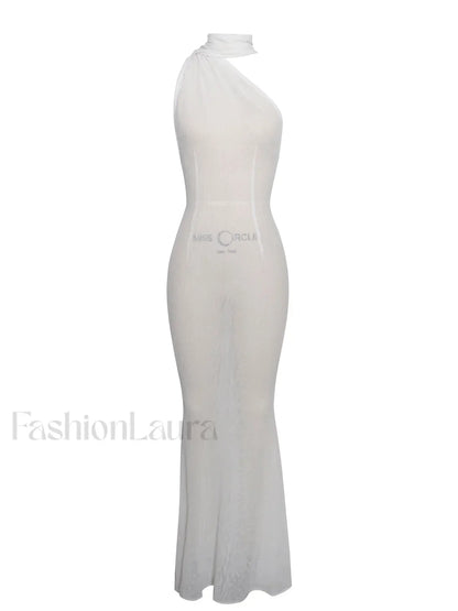 Olena White Burnout Velvet Animal Trendy Print Mesh Halter Neck Maxi Dress