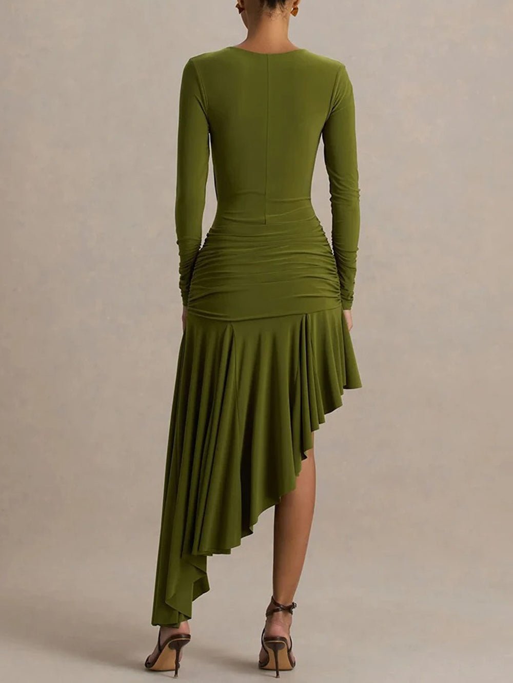Asymmetric Ruched Long Sleeve Ring Hardware High Low Drape Midi Dress