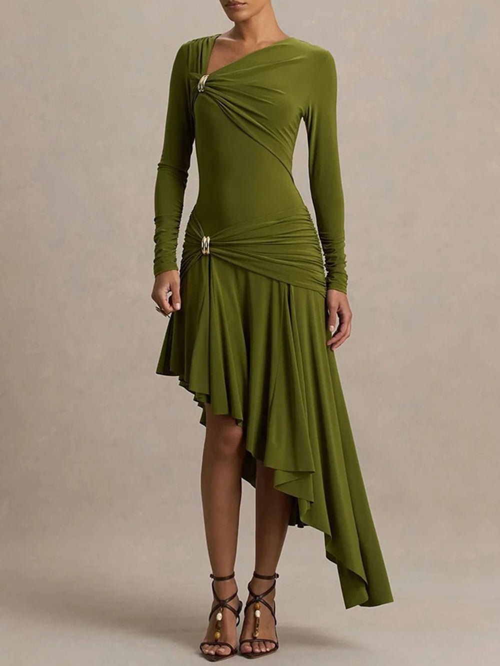 Asymmetric Ruched Long Sleeve Ring Hardware High Low Drape Midi Dress