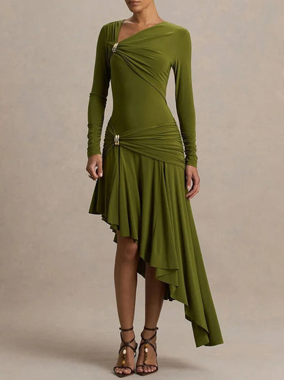 Asymmetric Ruched Long Sleeve Ring Hardware High Low Drape Midi Dress