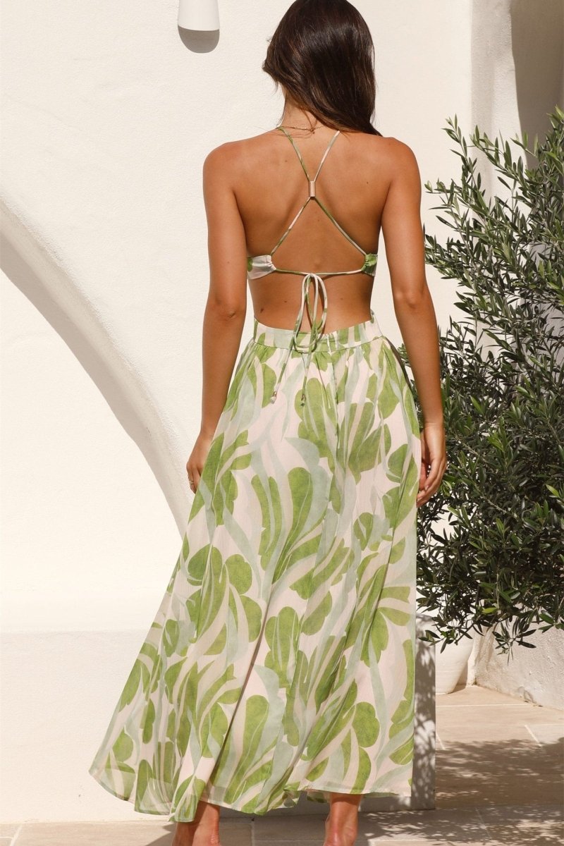 Tropical Leaf Print Halter Plunge Waist Cut-Out Side Slit Maxi Dress