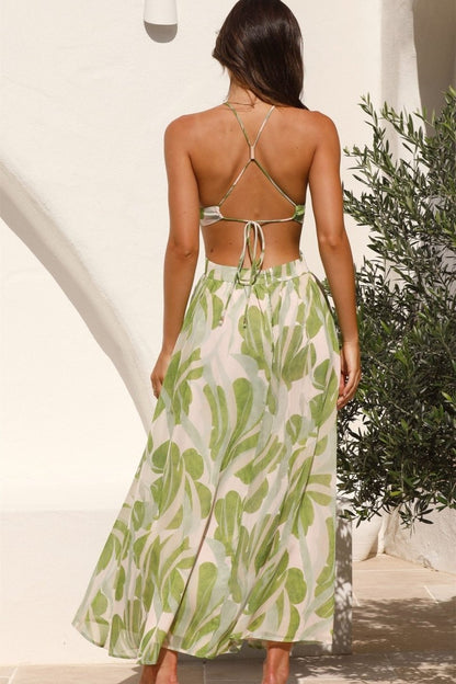 Tropical Leaf Print Halter Plunge Waist Cut-Out Side Slit Maxi Dress