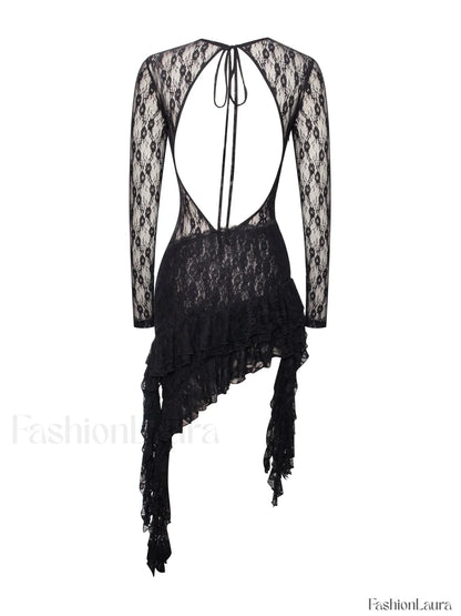 Omaira Black Lace Charming Long Sleeve Ruffle Dress