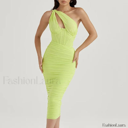 One-Shoulder Mesh Midi Dress