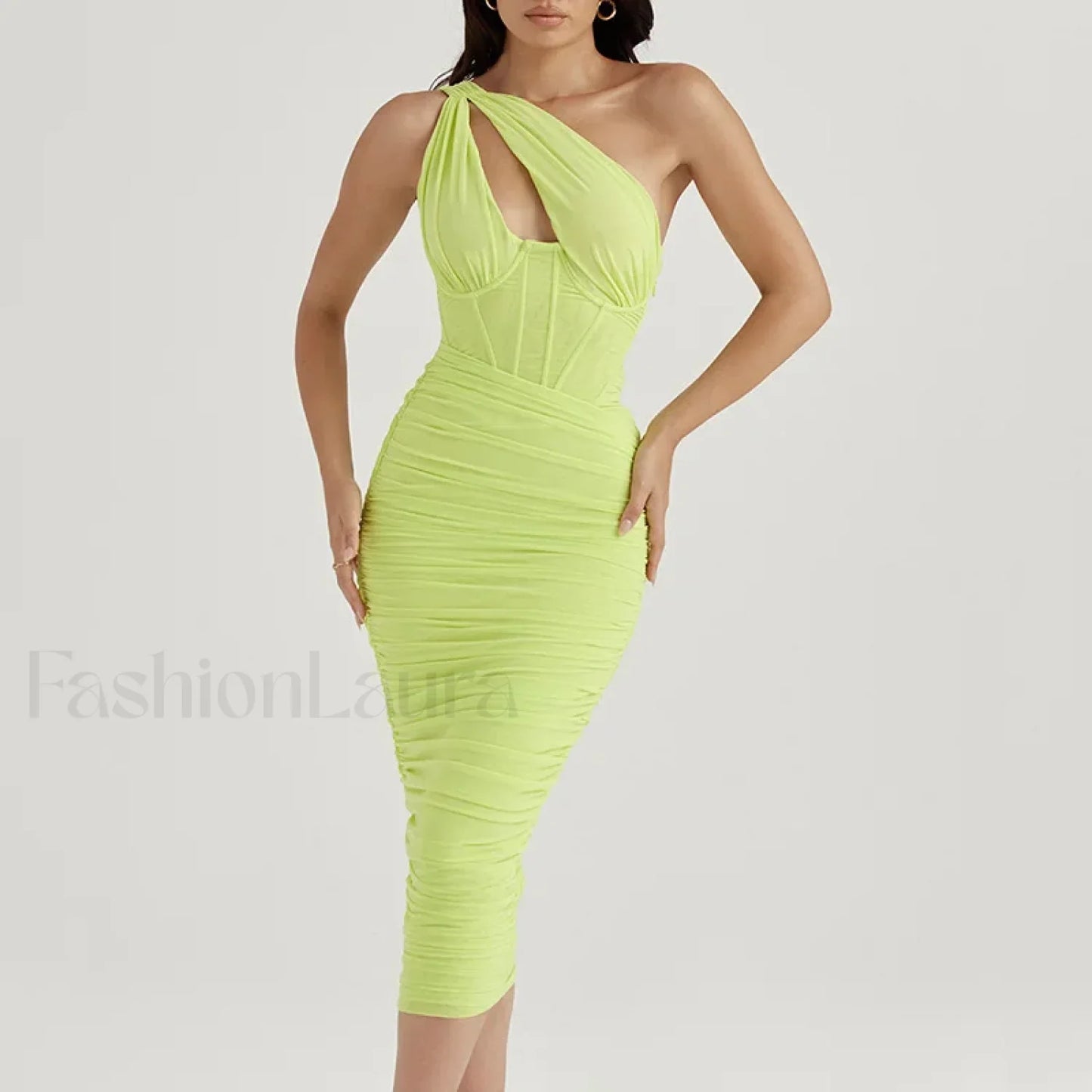 One-Shoulder Mesh Midi Dress