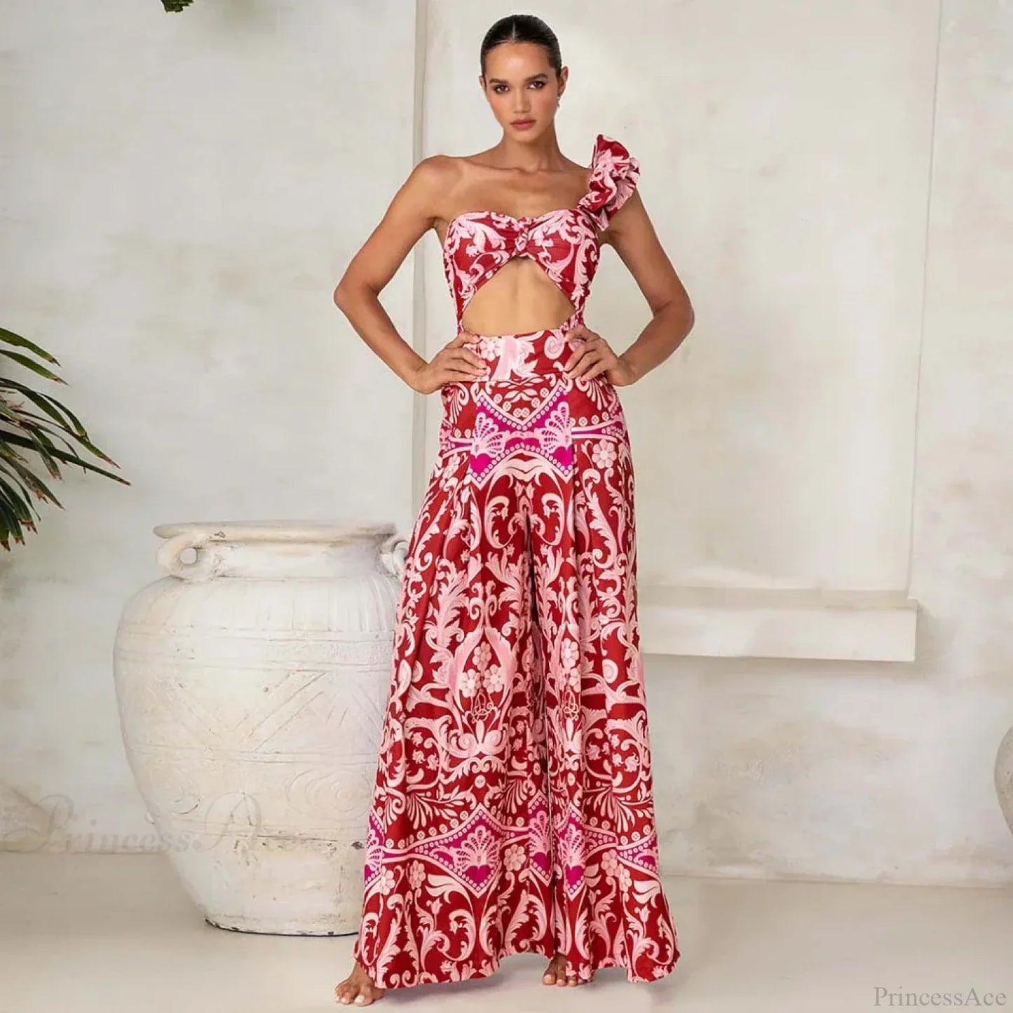 One Shoulder Print Pants Two Piece Set