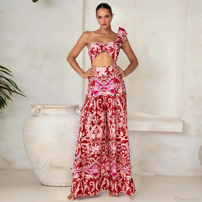 One Shoulder Print Pants Two Piece Set