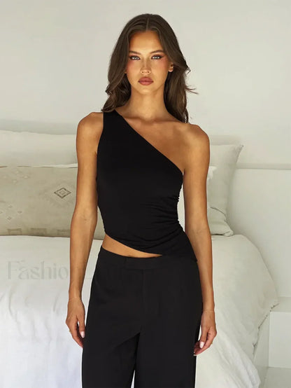 One Shoulder Solid Color Lace-Up Irregular Short Crop Top