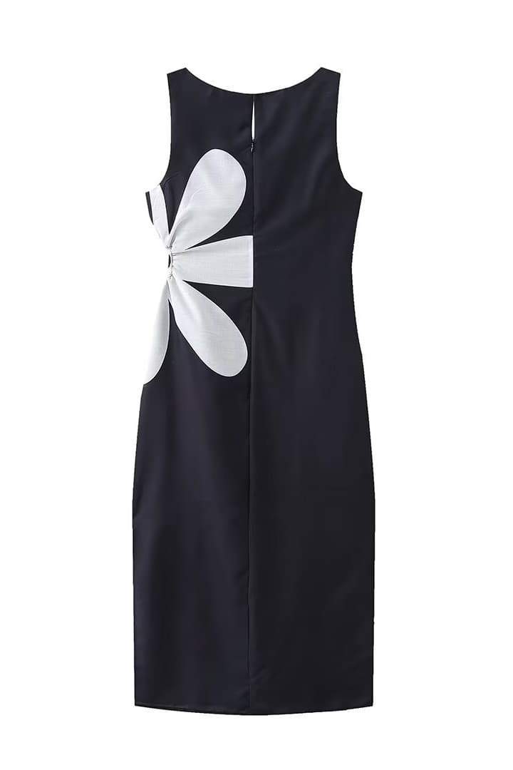 Square Neck Floral Applique Waist Cutout High Slit Midi Dress