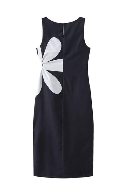 Square Neck Floral Applique Waist Cutout High Slit Midi Dress