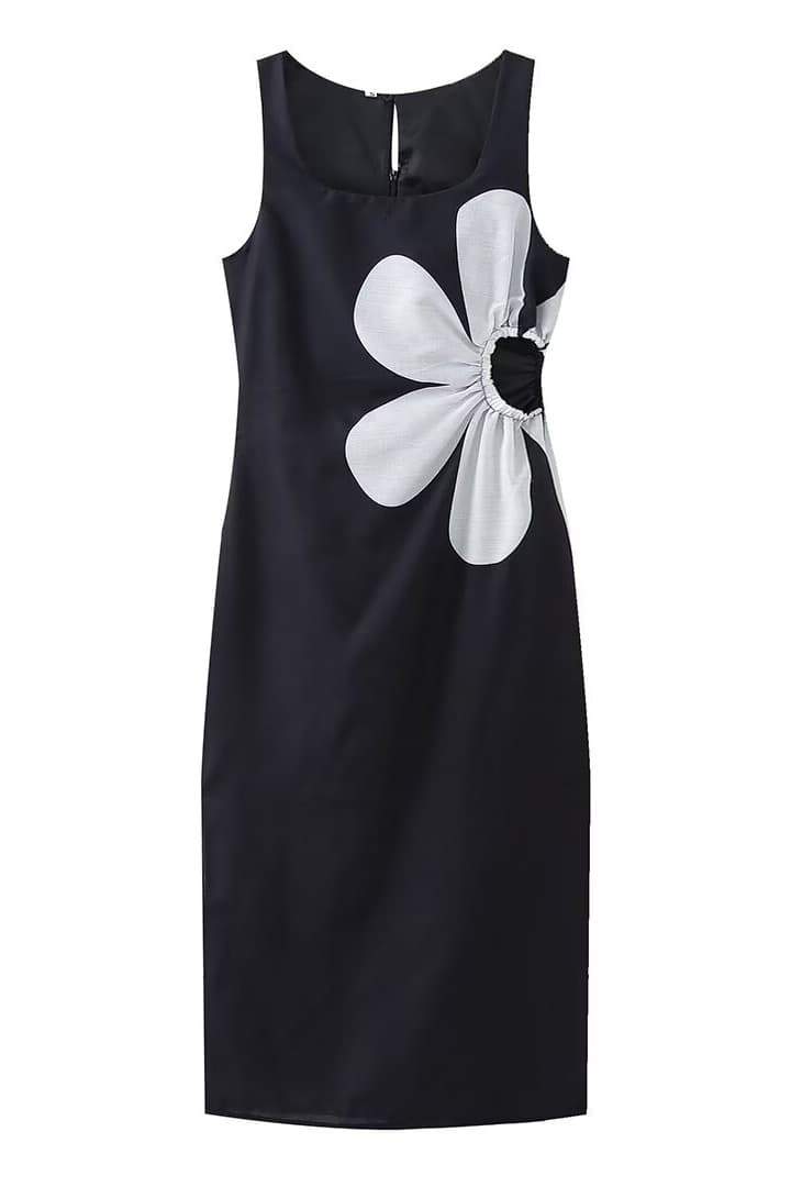 Square Neck Floral Applique Waist Cutout High Slit Midi Dress