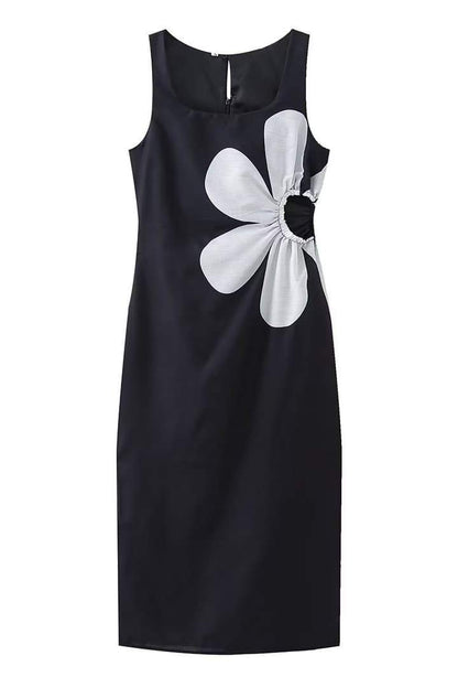 Square Neck Floral Applique Waist Cutout High Slit Midi Dress