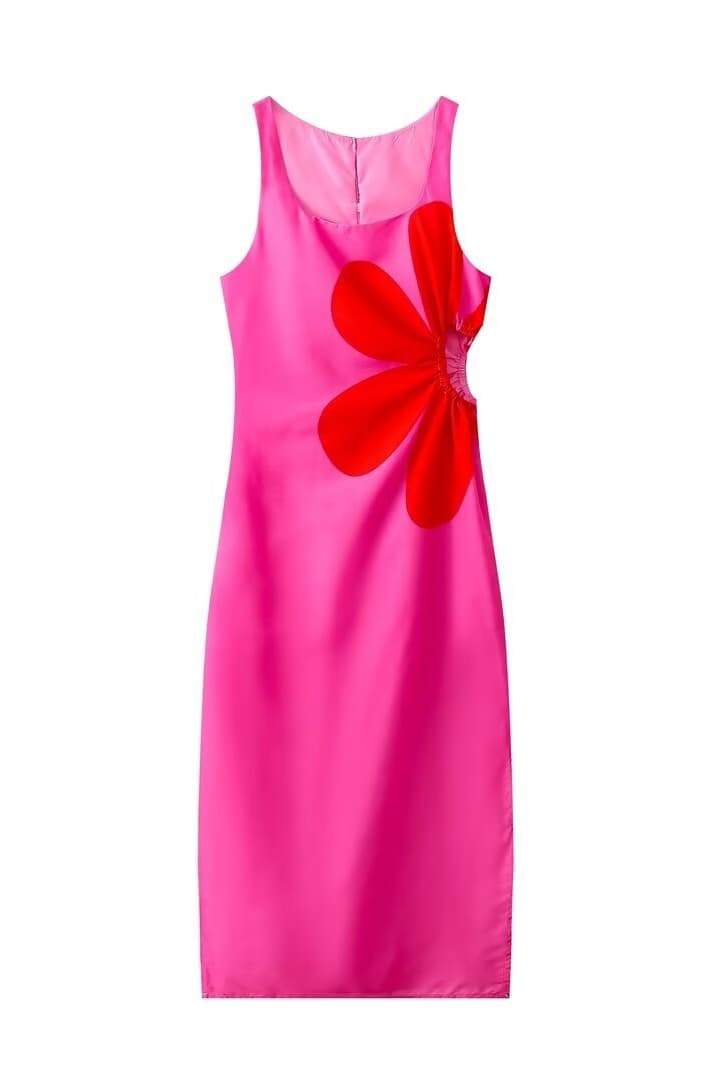 Square Neck Floral Applique Waist Cutout High Slit Midi Dress