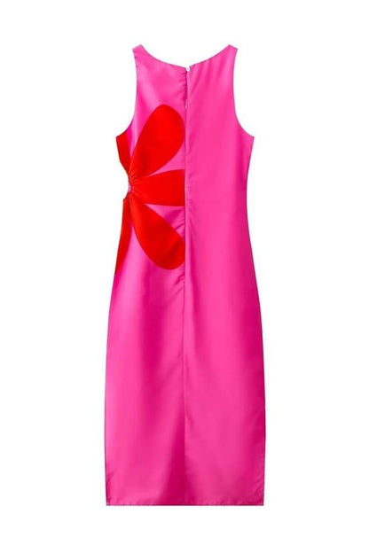 Square Neck Floral Applique Waist Cutout High Slit Midi Dress